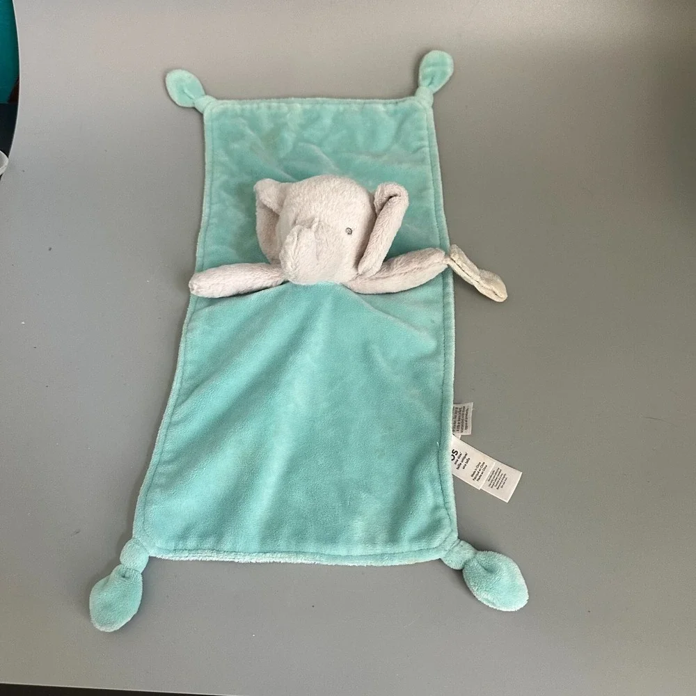 Carters Elephant Security Blanket Lovey Aqua Teal Grey Plush Knotted Satin Trim